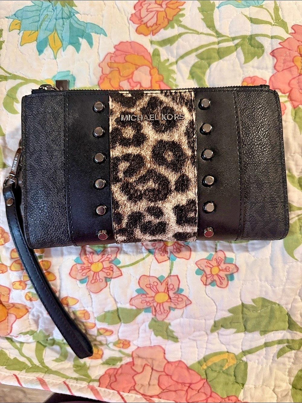Michael Kors Adele Leather and Leopard Print Calf Hair Smartphone Wallet Adele